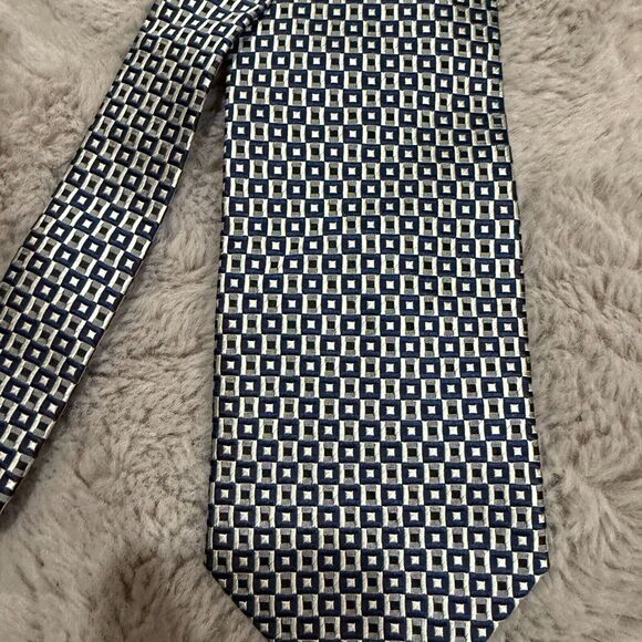 Valerio Garati 100% Silk Men Tie Made Italy Navy Silver Geometric Luxury Preppy - Picture 2 of 4